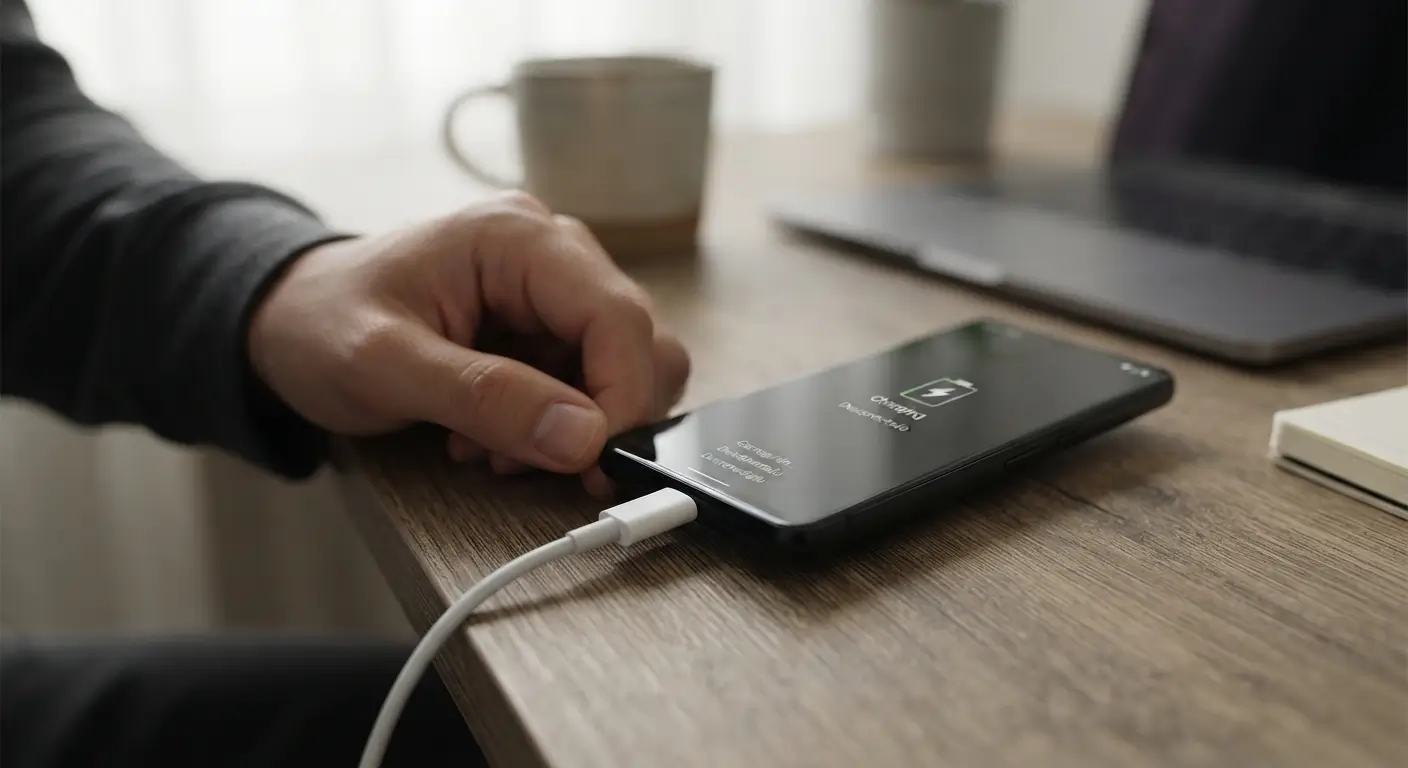Close-up de uma mão segurando um cabo USB-C conectado a um smartphone sobre uma mesa de madeira, com a tela do aparelho exibindo um ícone de carregamento instável.