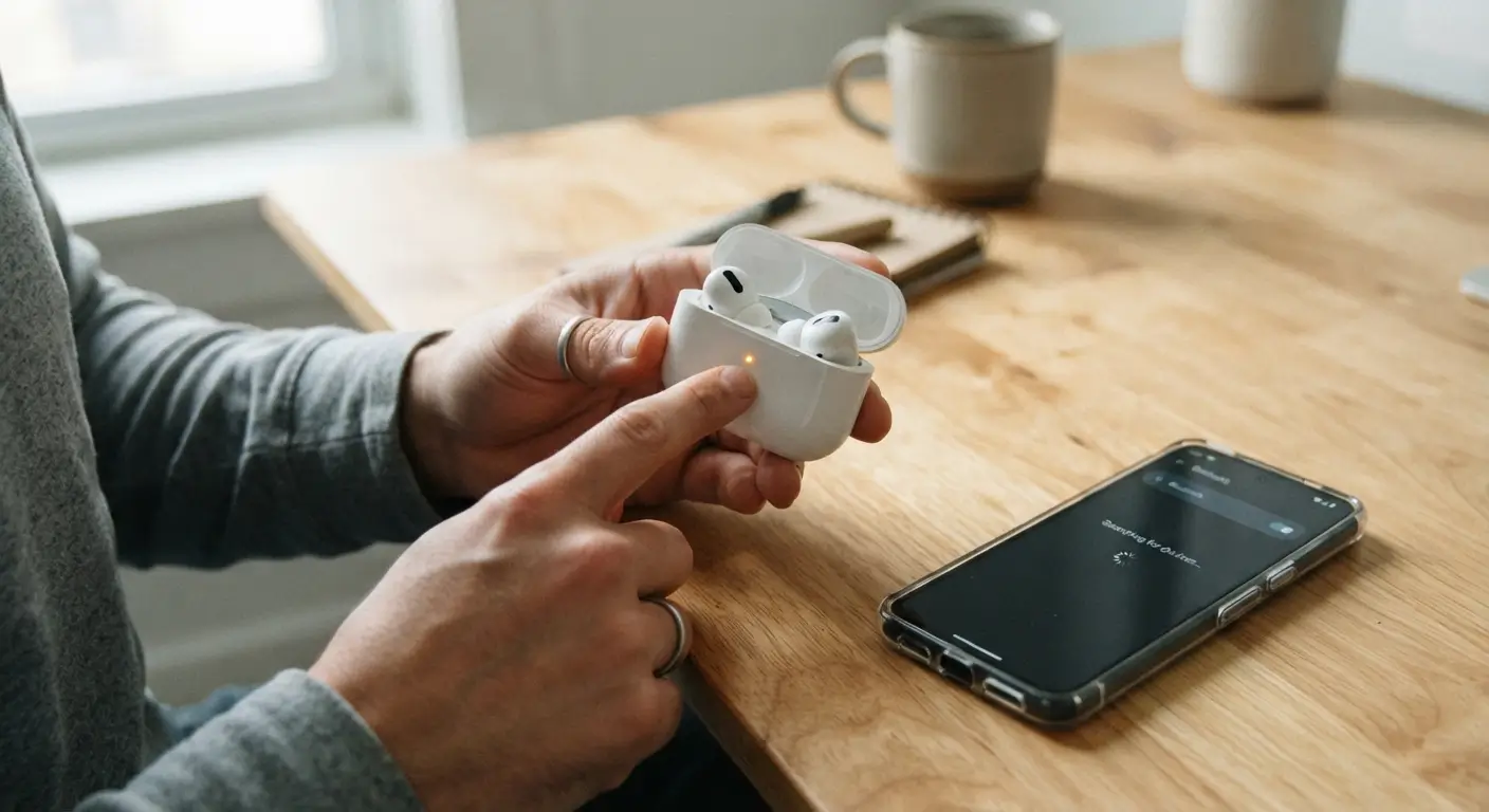 Close-up de uma pessoa segurando um estojo de fones de ouvido sem fio aberto sobre uma mesa de madeira, com um smartphone ao lado exibindo o menu de configurações Bluetooth.