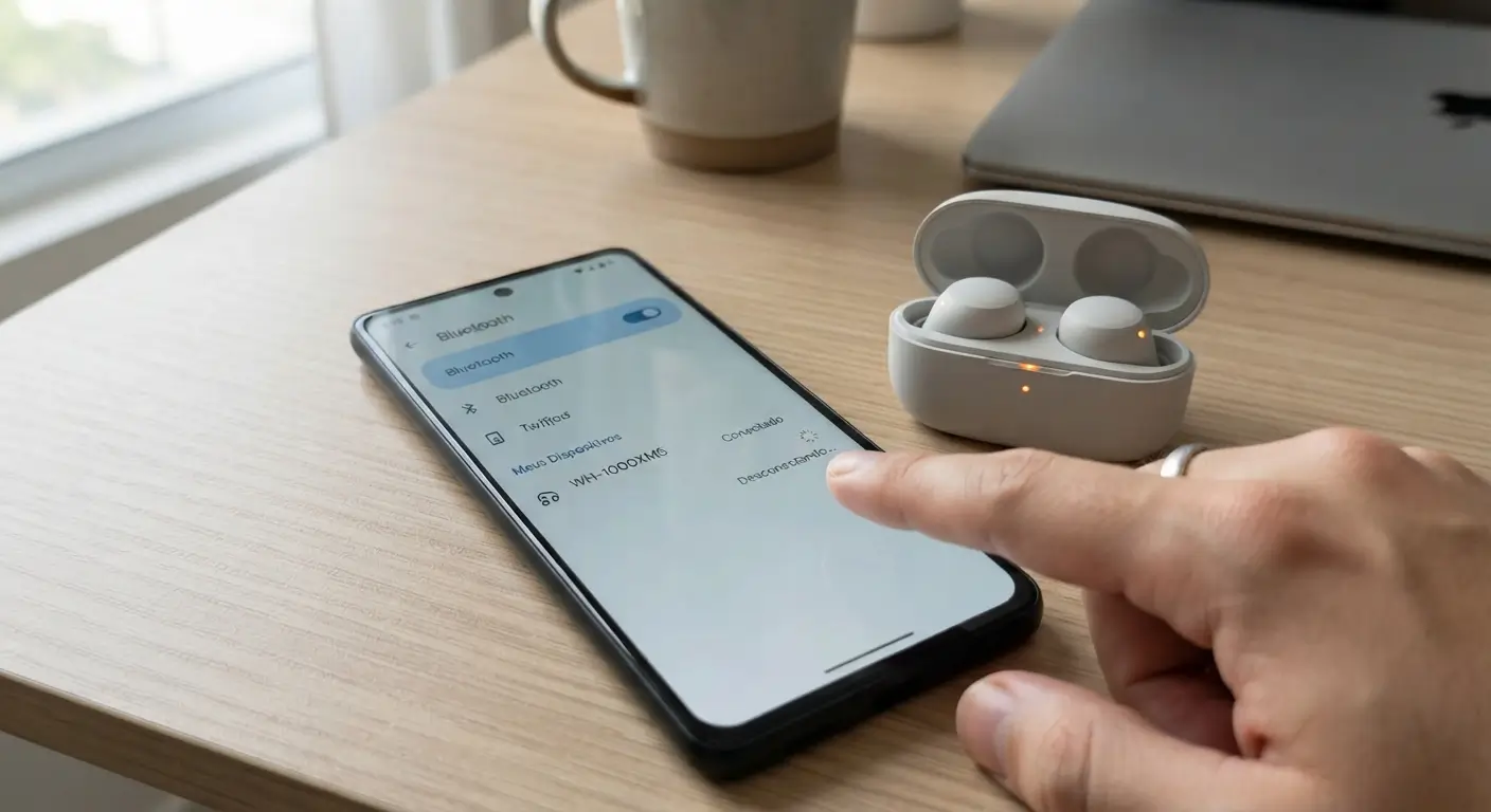 Close-up de um smartphone sobre uma mesa de madeira exibindo as configurações de Bluetooth com um dispositivo em transição de desconexão, com uma caixa de fones de ouvido sem fio aberta ao lado.