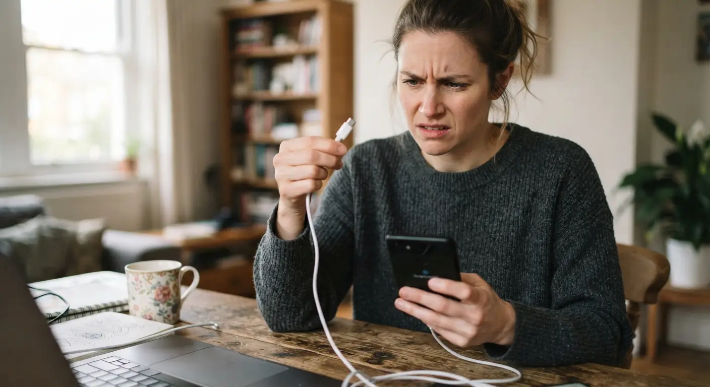 Pessoa segurando um smartphone e um cabo USB em um ambiente interno, demonstrando dúvida sobre a conexão.
