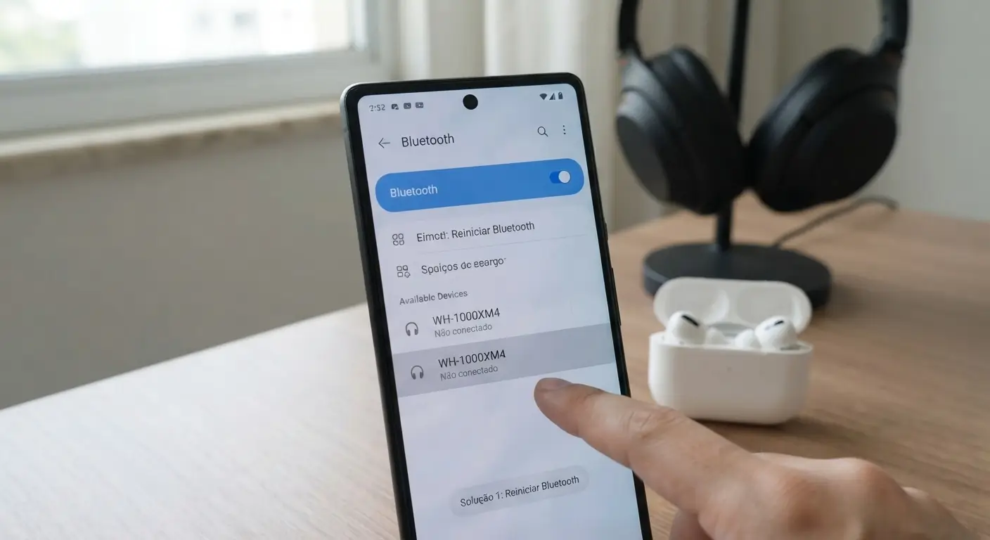 Close-up de uma tela de smartphone exibindo as configurações de Bluetooth, com um dedo tocando em um dispositivo listado como "WH-1000XM4 - Não conectado", enquanto uma caixa de fones de ouvido sem fio aberta aparece ao fundo sobre uma mesa de madeira.