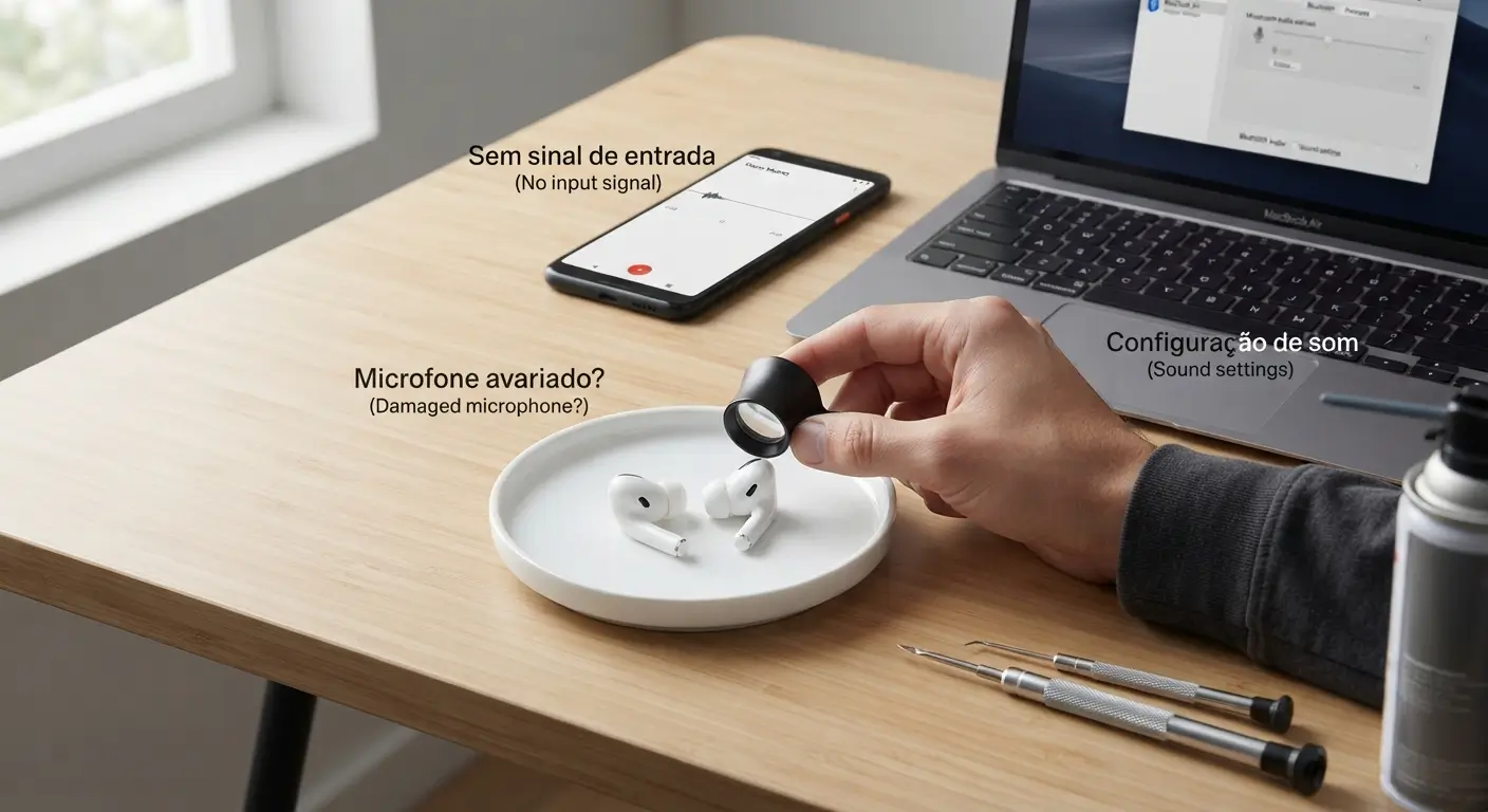 Close-up de uma bancada de trabalho com um par de fones de ouvido sem fio em um prato, sendo inspecionados por um joalheiro, enquanto um smartphone e um laptop ao fundo mostram configurações de áudio e formas de onda planas, indicando problemas. Ferramentas de precisão e uma lata de ar comprimido estão sobre a mesa.