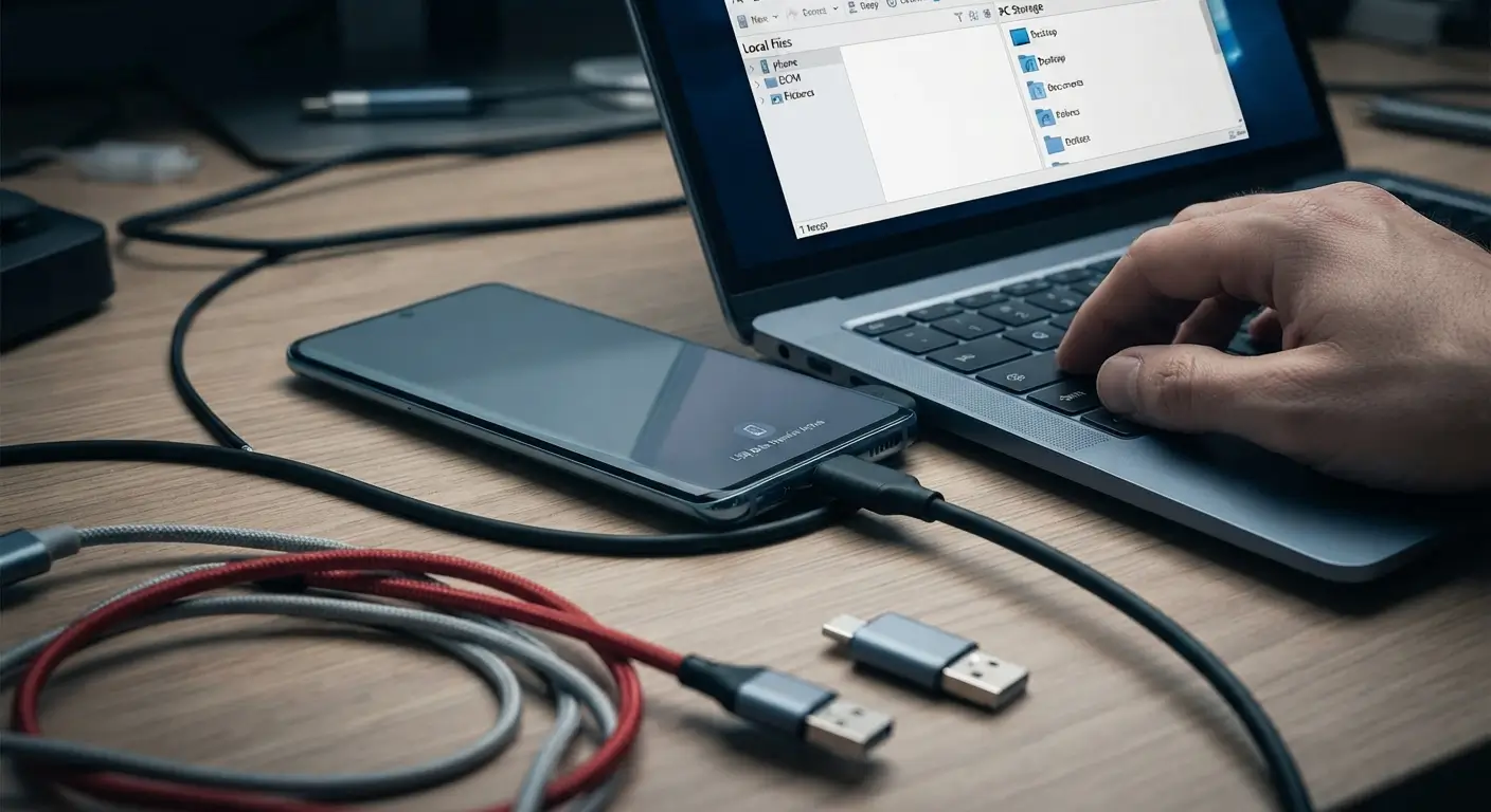 Close-up de um smartphone conectado a um notebook por um cabo USB, com a tela do computador exibindo uma janela de gerenciador de arquivos.