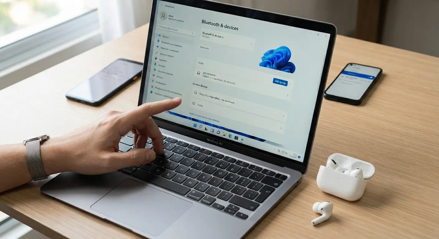 Close-up de um notebook sobre uma mesa de madeira exibindo as configurações de Bluetooth na tela, com fones de ouvido sem fio ao lado e um dedo clicando para adicionar um novo dispositivo.