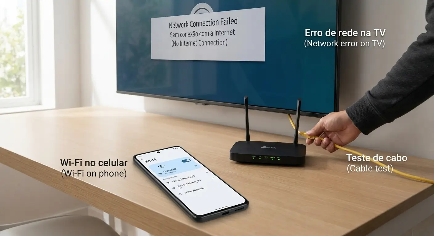Close-up de uma Smart TV na parede exibindo uma mensagem de erro de conexão de rede, com um roteador Wi-Fi sobre a mesa e um smartphone ao lado mostrando o Wi-Fi conectado. Uma pessoa aparece ao fundo testando um cabo de rede amarelo conectado à TV.