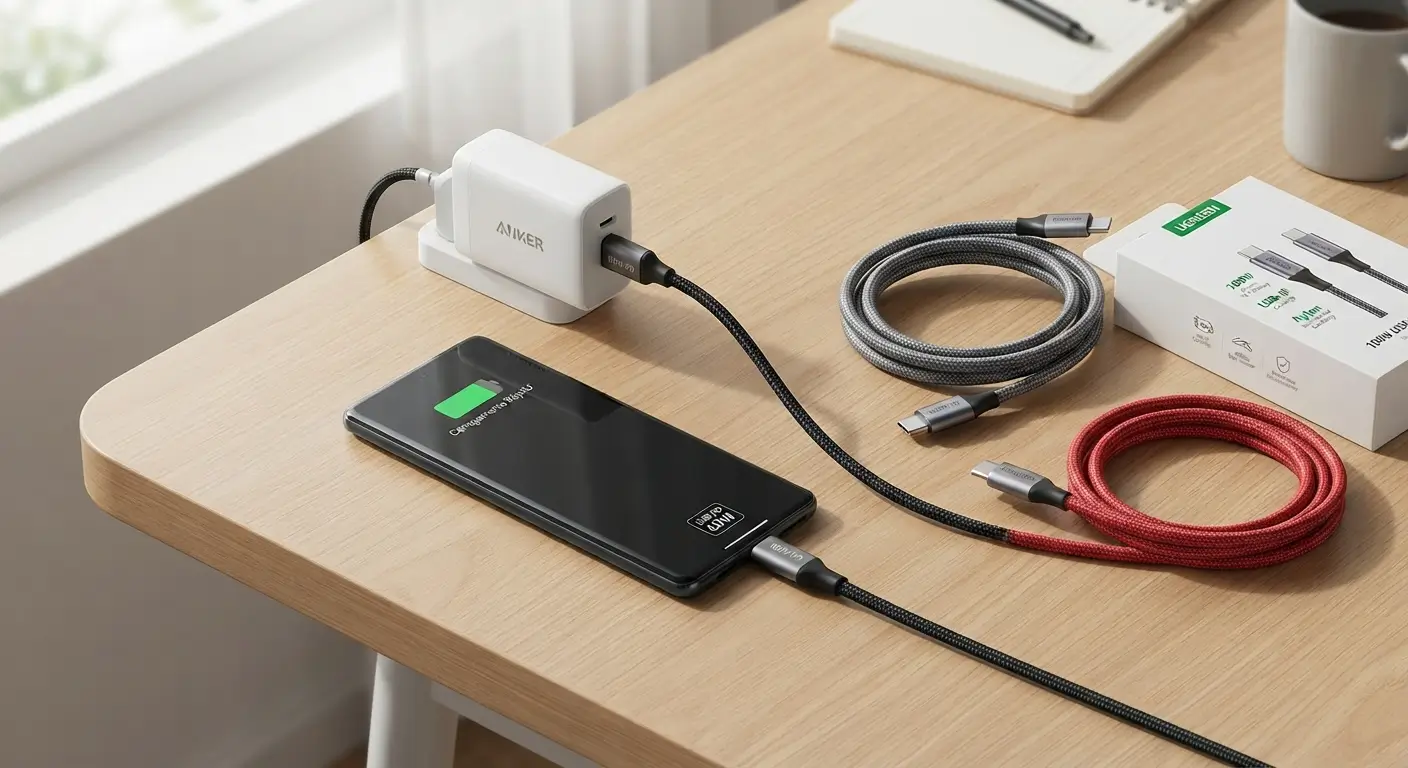 Close-up de um smartphone conectado a um carregador de tomada por um cabo USB-C trançado, com a tela mostrando "Carregamento Rápido". Embalagens de cabos de alta potência estão visíveis ao fundo sobre uma mesa de madeira.
