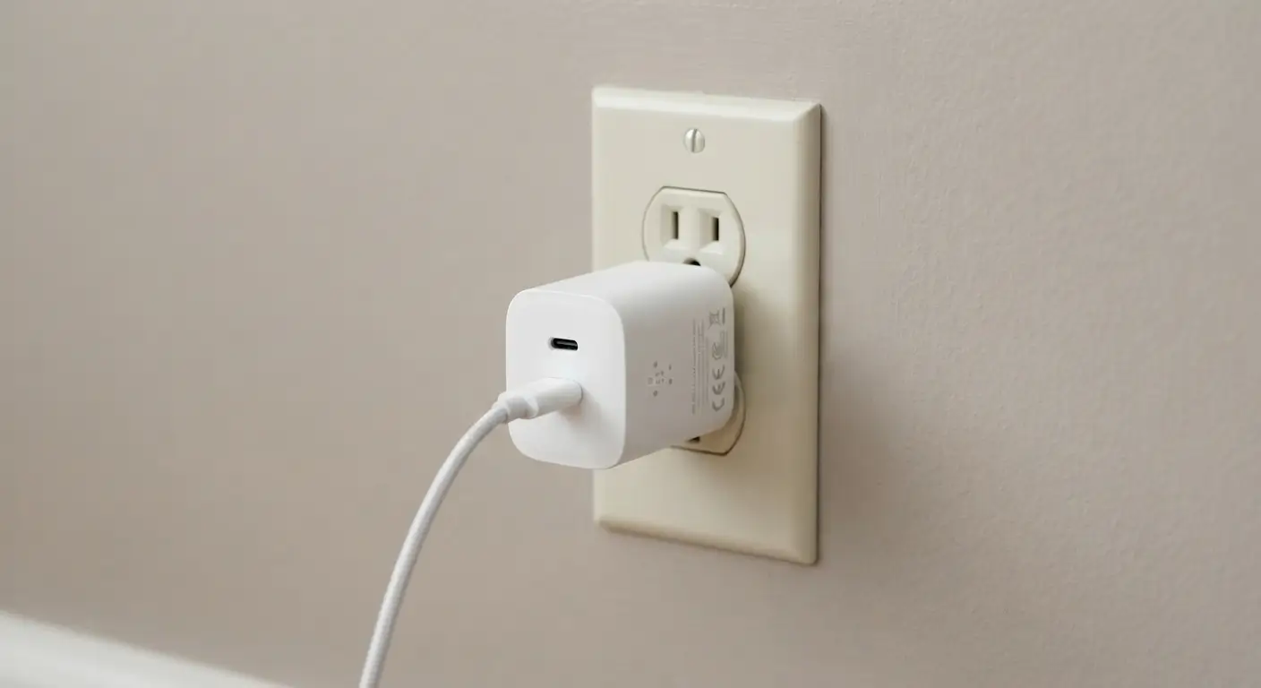 Close-up de um adaptador de carregador de celular conectado a uma tomada na parede.