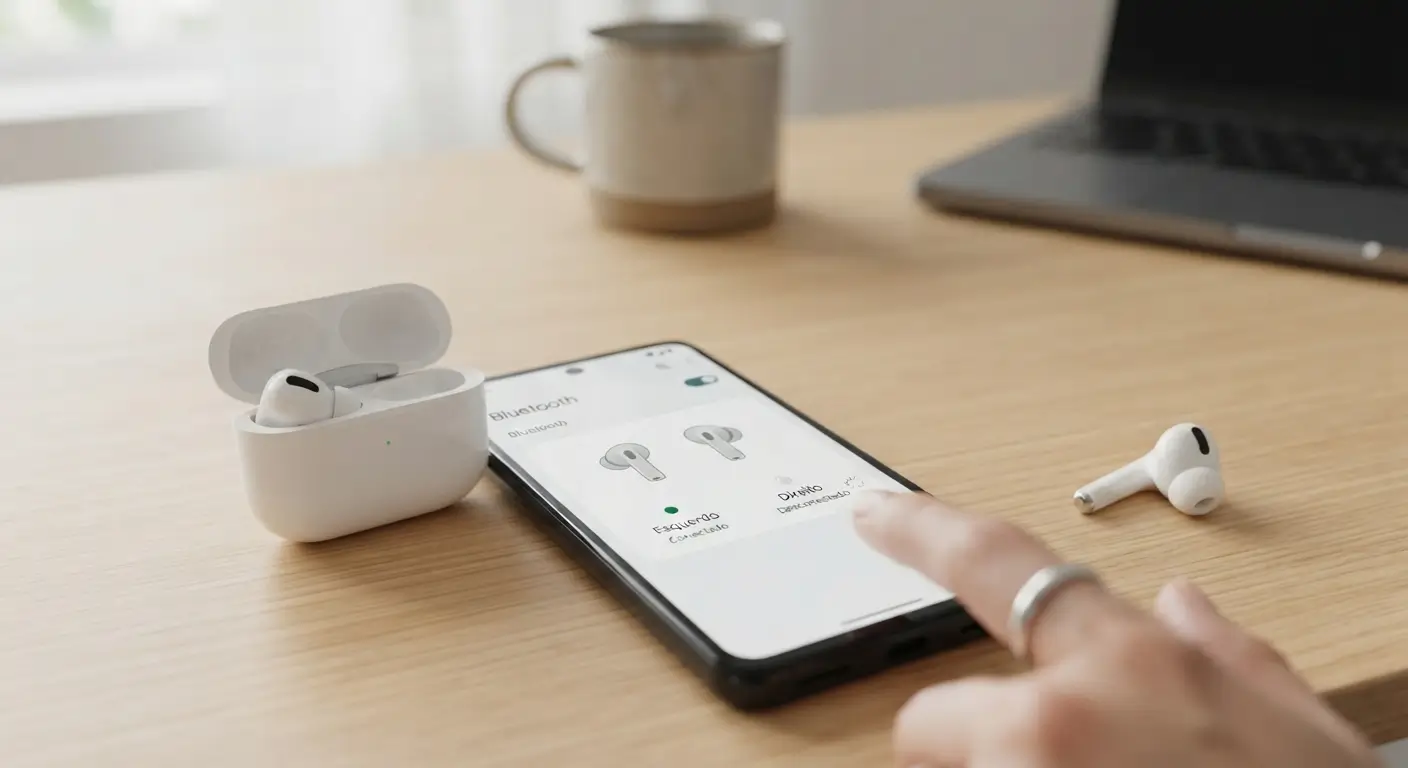 Close-up de um smartphone sobre uma mesa de madeira exibindo as configurações de Bluetooth, onde se vê o fone esquerdo conectado e o direito desconectado, com um dedo tocando na tela para tentar resolver o problema. Ao lado, a caixa de carregamento aberta e um fone solto na mesa.