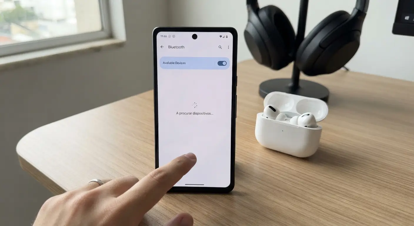 Close-up de um smartphone sobre uma mesa de madeira com o menu Bluetooth aberto e uma lista vazia de dispositivos, enquanto uma mão toca na tela para tentar iniciar uma nova busca. Ao lado, uma caixa de fones de ouvido sem fio aberta está visível.