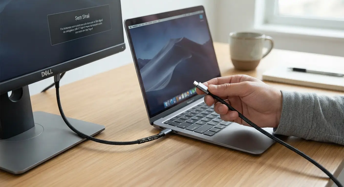 Close-up de uma mão segurando um cabo USB-C trançado conectado a um notebook prateado, enquanto um monitor Dell ao fundo exibe a mensagem "Sem Sinal".