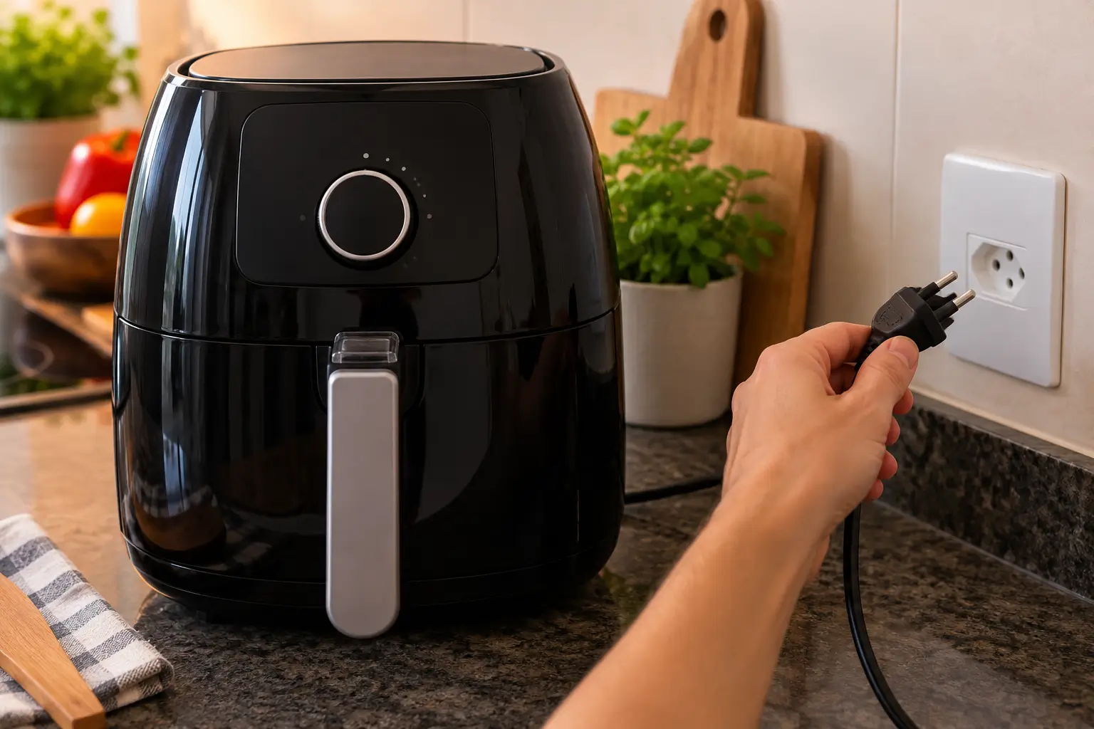 Air fryer preta sobre uma bancada de cozinha enquanto uma pessoa verifica o plugue de alimentação próximo à tomada elétrica.