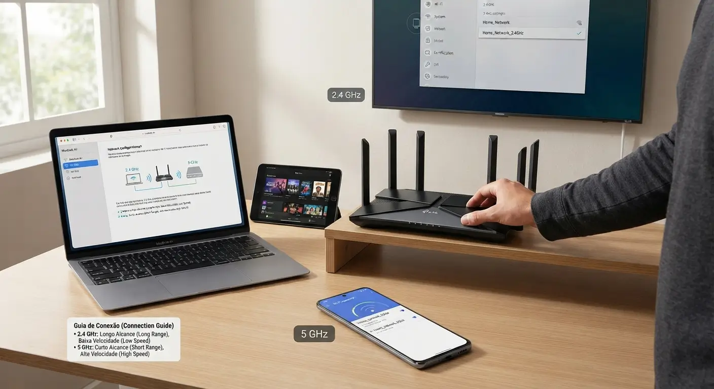 Close-up de uma bancada de madeira com um notebook aberto exibindo um guia de rede, um tablet e um smartphone mostrando conexões de 5 GHz, e ao fundo uma TV com o menu de rede mostrando 2.4 GHz. Uma mão ajusta um roteador com múltiplas antenas. Labels visuais indicam as frequências em uso.
