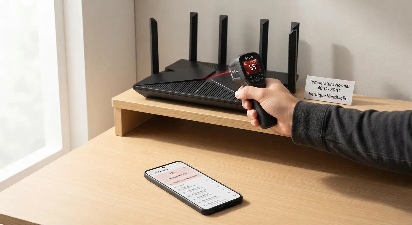 Close-up de uma mesa de madeira com um roteador Wi-Fi sendo verificado por um termômetro infravermelho digital, que exibe a temperatura de 55°C. Um pequeno cartaz ao lado indica a faixa normal (40°C-50°C) e um smartphone na mesa mostra o aplicativo de configuração da rede.