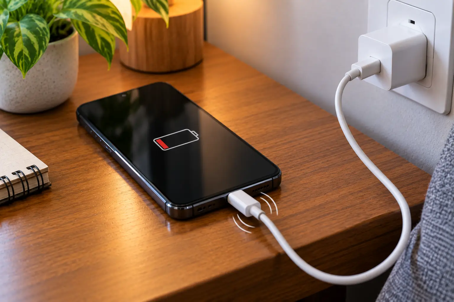 Celular sobre uma mesa de madeira conectado a um cabo USB, com indicação visual de conexão instável próximo à porta de carregamento.