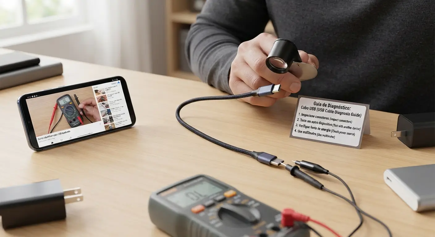 Close-up de uma bancada de trabalho clara onde um homem realiza testes em um cabo USB-C trançado preto. Ele segura uma lupa de joalheiro para inspecionar o conector. Ao lado, há um smartphone exibindo um tutorial em vídeo sobre o uso de um multímetro, que também está presente em primeiro plano com as pontas de prova conectadas ao cabo. Um pequeno cartão de instrução em português ("Guia de Diagnóstico: Cabo USB") está em pé na mesa, listando os passos. Adaptadores de energia e um power bank estão espalhados. O fundo desfocado mostra um ambiente de escritório doméstico.