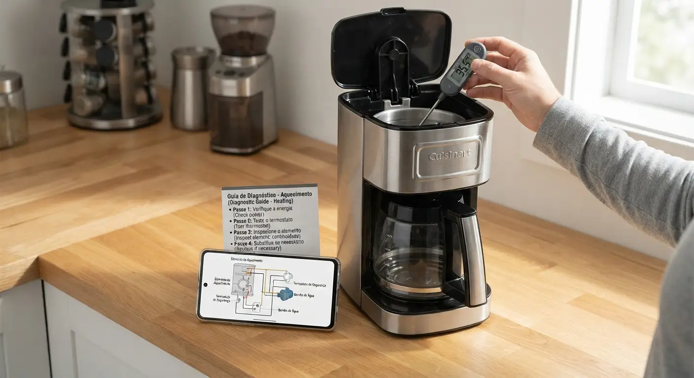 Close-up de uma bancada de cozinha de madeira com uma cafeteira elétrica moderna em preto e aço inoxidável. Ao lado, um termômetro culinário digital repousa sobre a mesa, enquanto um smartphone exibe um diagrama técnico e um pequeno cartão lista os passos para testar a temperatura da água e o sistema de aquecimento.