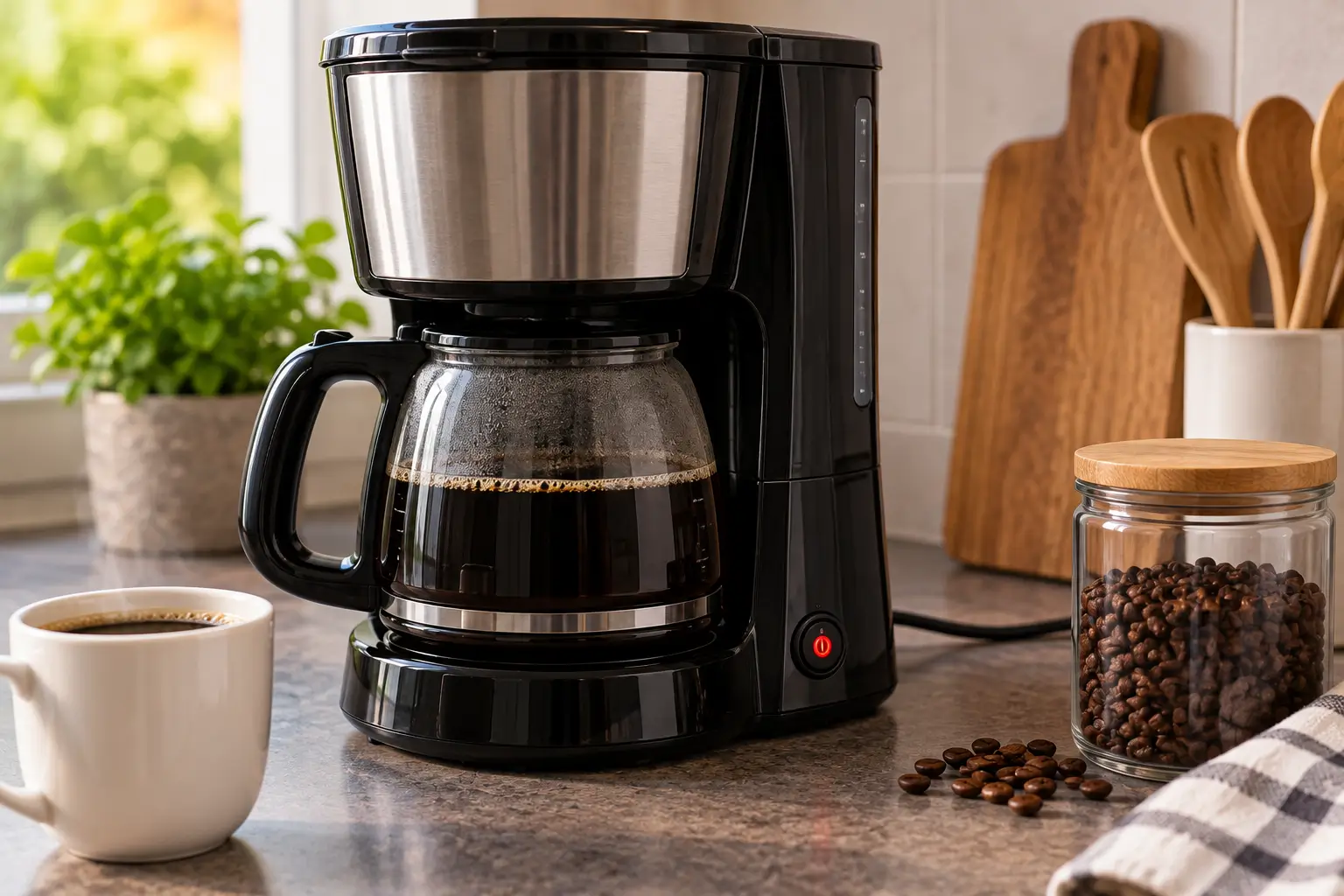 Cafeteira elétrica preta sobre uma bancada de cozinha, com jarra de vidro contendo café, xícara ao lado e botão de energia aceso.