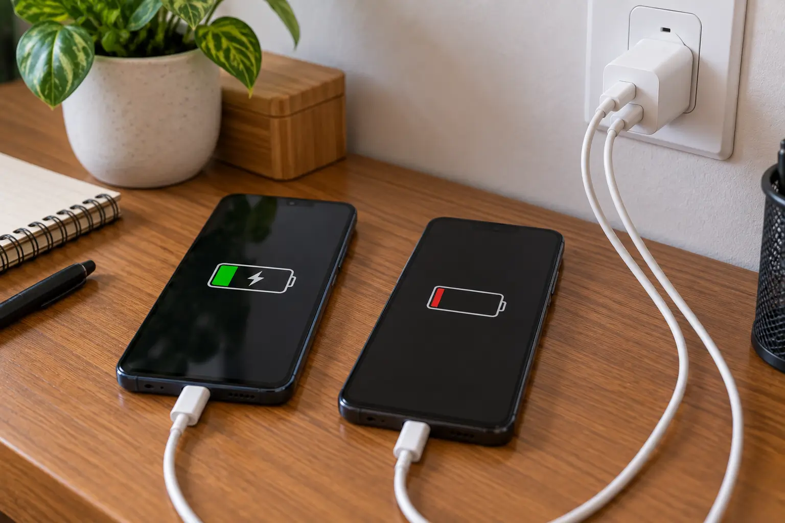 Dois celulares sobre uma mesa, com um deles carregando normalmente enquanto o outro é conectado ao mesmo carregador para verificar por que não recebe carga.
