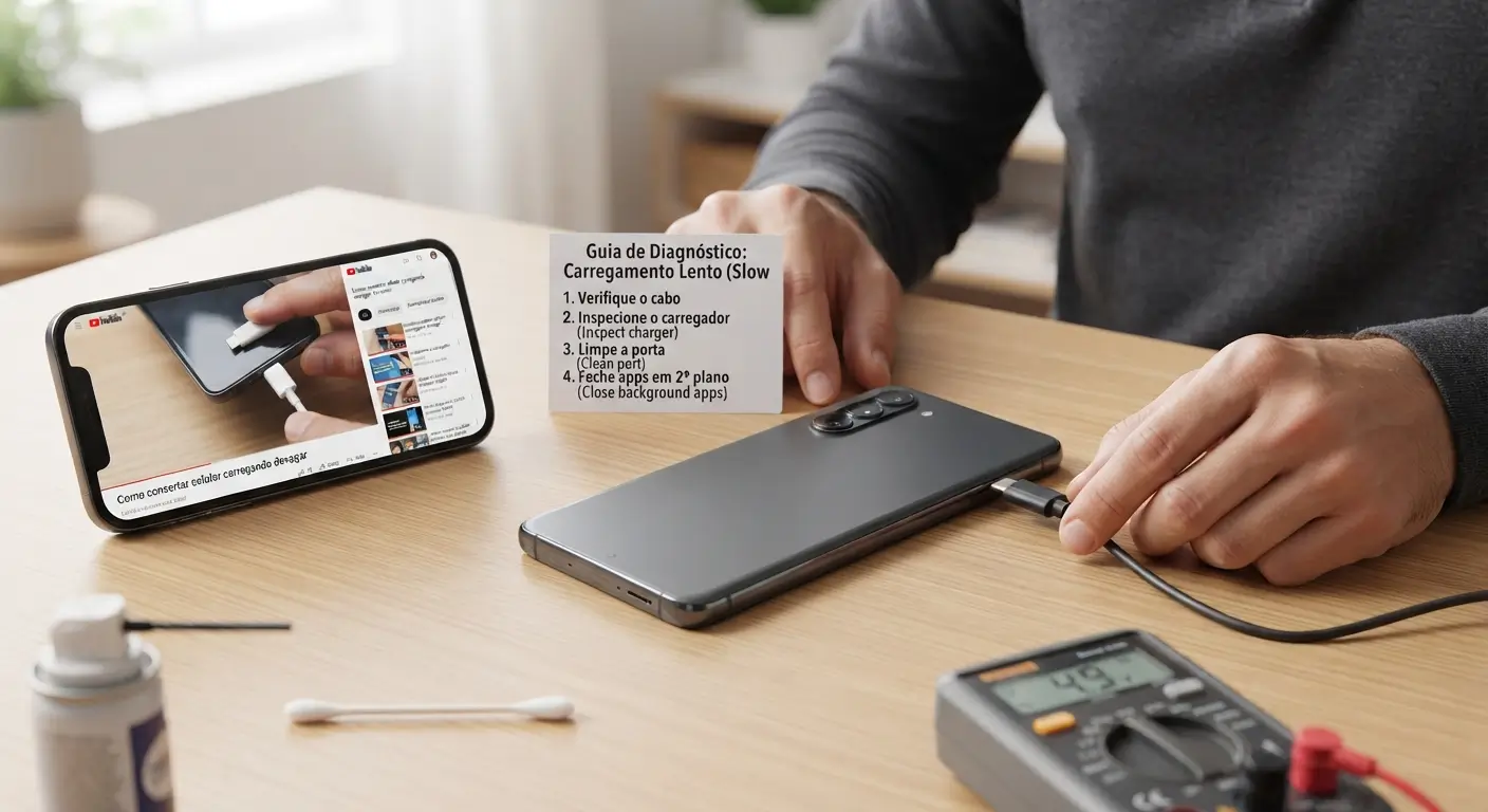 Close-up de um home office claro com um homem segurando um smartphone cinza enquanto conecta um cabo USB-C. Ao lado, um smartphone secundário exibe um tutorial em vídeo sobre como consertar carregamento lento. Um pequeno cartão de instrução em português ("Guia de Diagnóstico: Carregamento Lento") está em pé, listando os passos. Na mesa de madeira, há um frasco de spray, cotonetes e um multímetro digital com uma leitura de voltagem baixa. O fundo está desfocado.