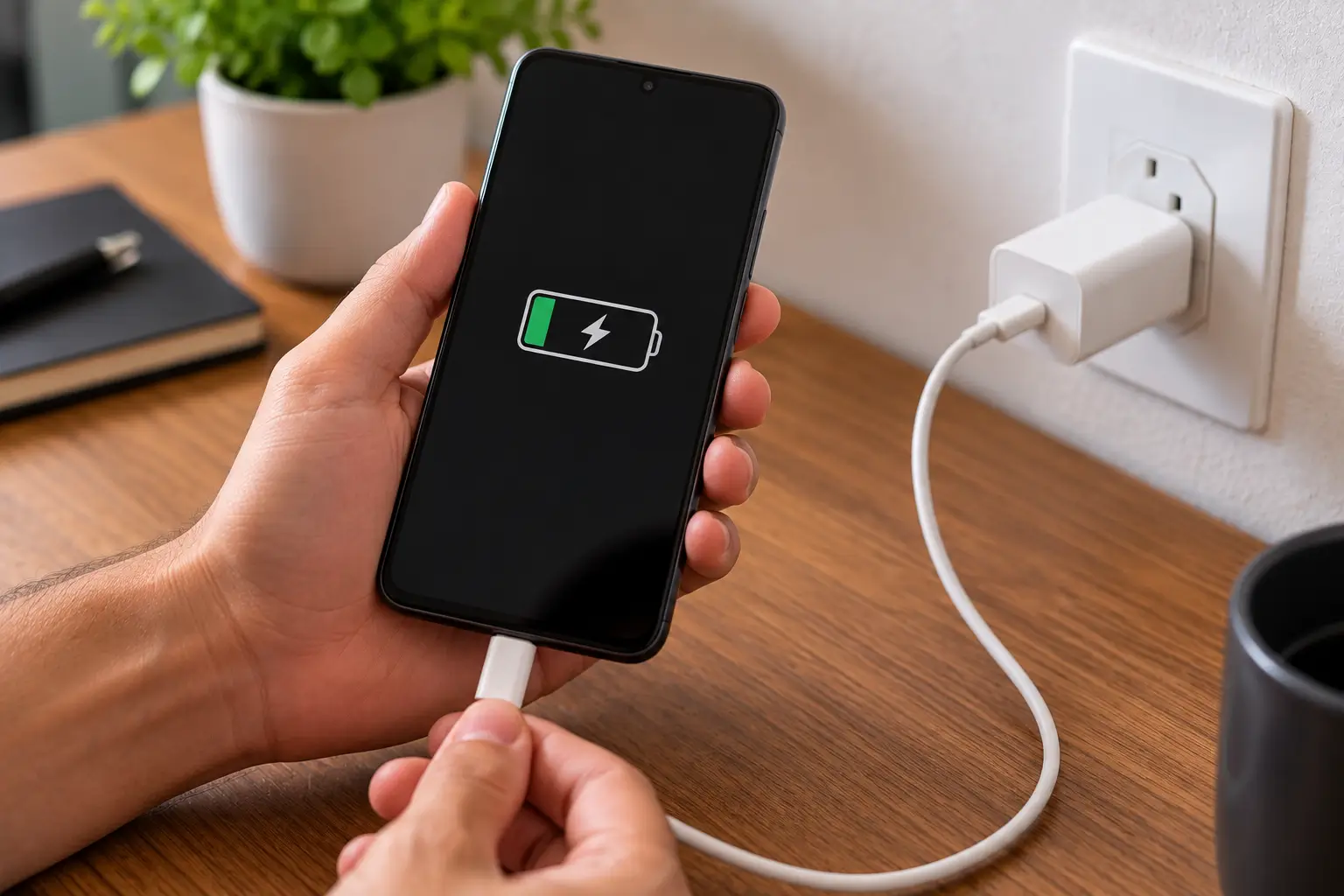 Pessoa segurando um celular conectado a um cabo USB, com o ícone de bateria aparecendo na tela, enquanto o carregador está conectado à tomada.