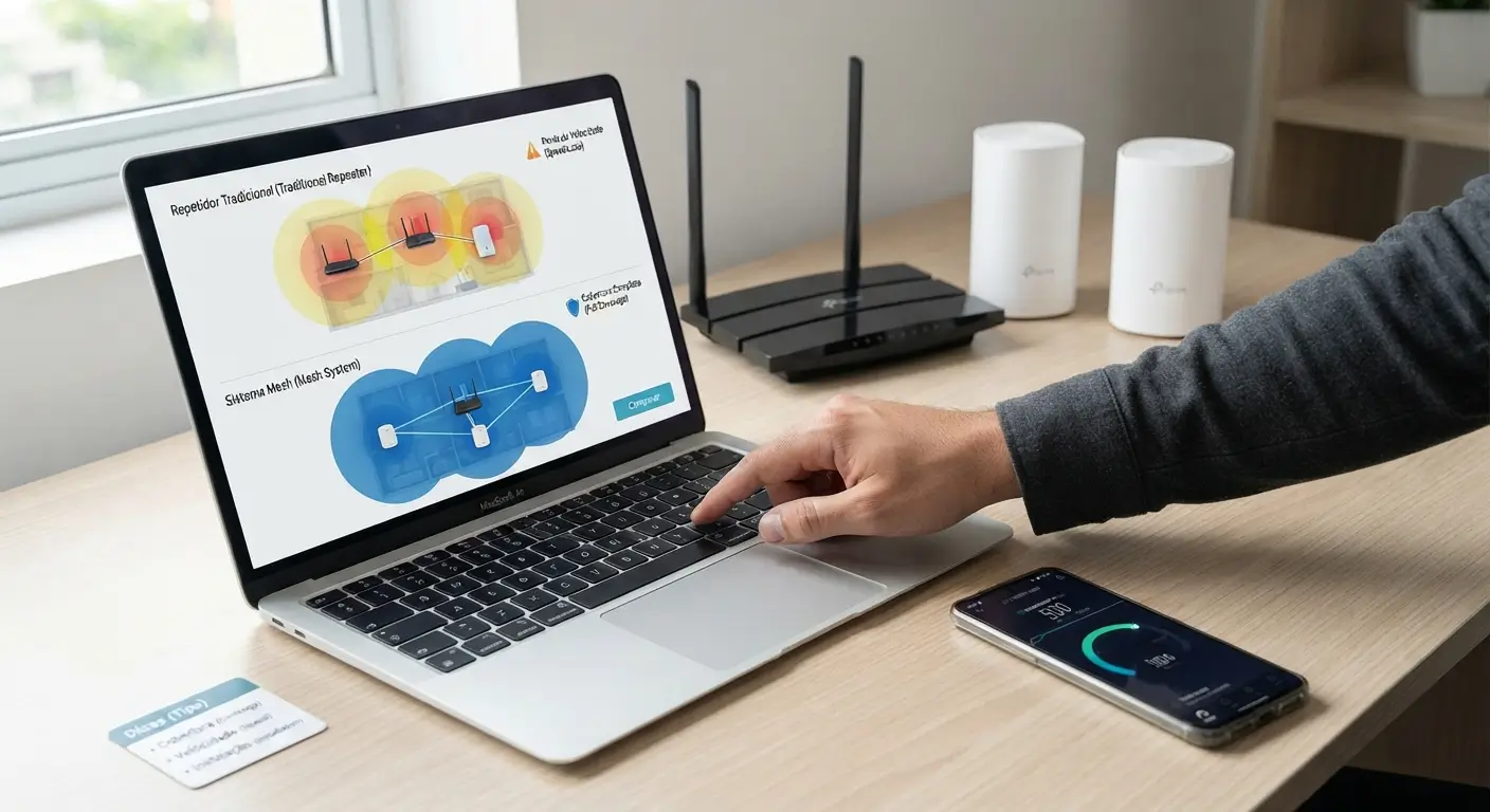 Close-up de uma bancada de madeira com um notebook exibindo uma comparação visual de redes, um roteador moderno e um módulo mesh lado a lado, com uma pessoa apontando para a tela que mostra esquemas de cobertura. Um smartphone exibe configurações de rede ao lado.