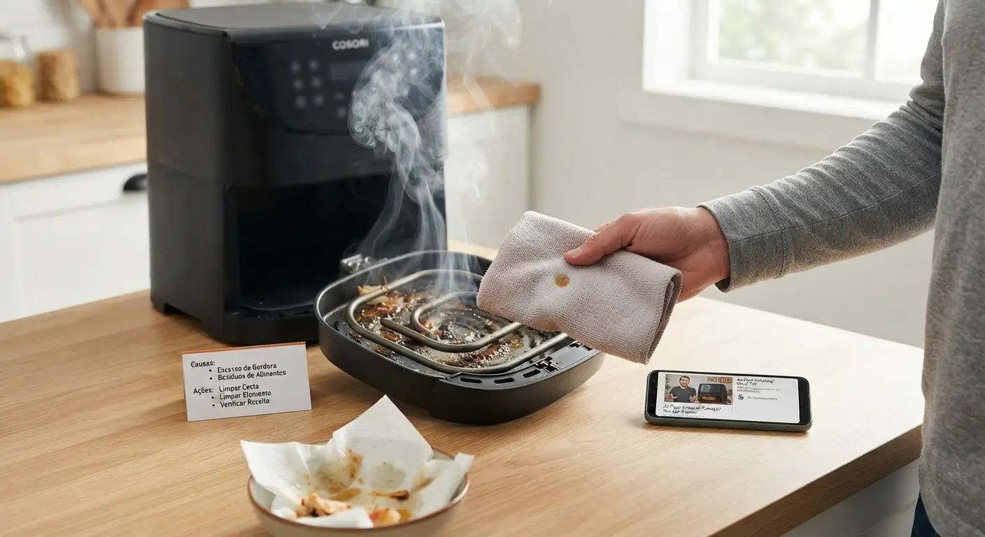 Close-up de uma bancada de cozinha de madeira com uma air fryer preta da marca Cosori emitindo fumaça. Uma mão segura um pano de microfibra sujo de gordura sobre o cesto removido, que contém um elemento de aquecimento com resíduos carbonizados. Um pequeno cartão lista causas e ações de limpeza em português, e um smartphone exibe um tutorial em vídeo.