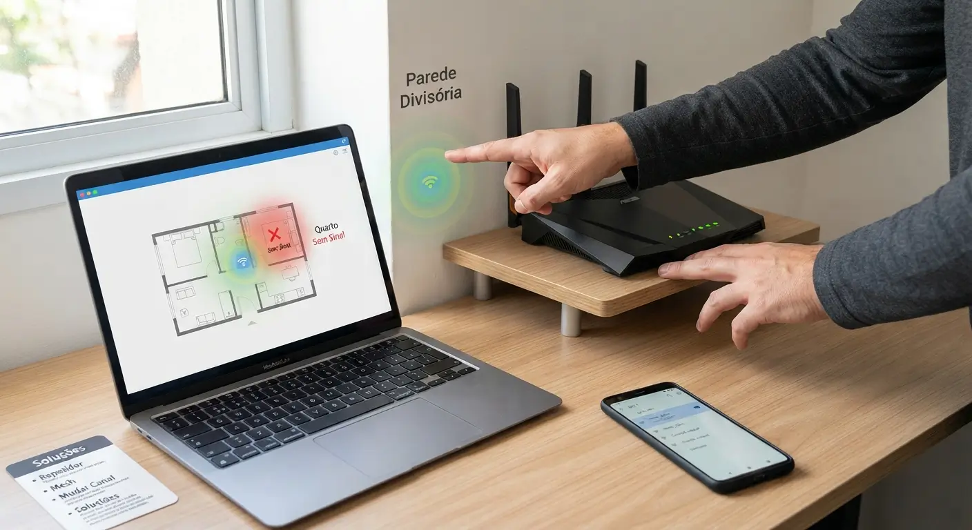 Close-up de uma bancada de madeira com um notebook exibindo um mapa de cobertura de rede e um roteador Wi-Fi ao fundo, enquanto uma pessoa aponta para a parede divisória que bloqueia o sinal em direção ao quarto.