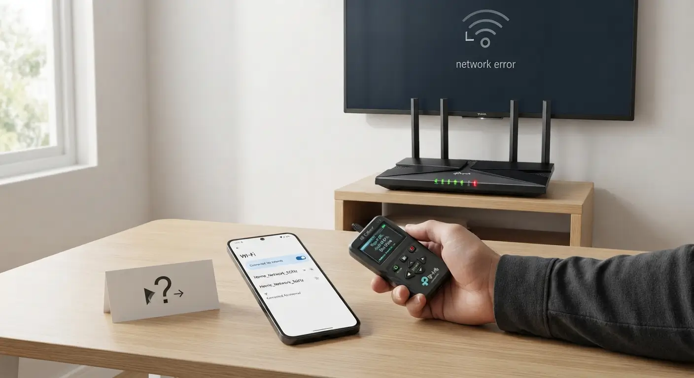 Close-up de uma mesa de madeira com um smartphone exibindo mensagem de 'conectado sem internet', um testador de sinal portátil em uma mão, e uma TV ao fundo mostrando um ícone de erro de rede. Um pequeno cartão com um ponto de interrogação está na mesa.