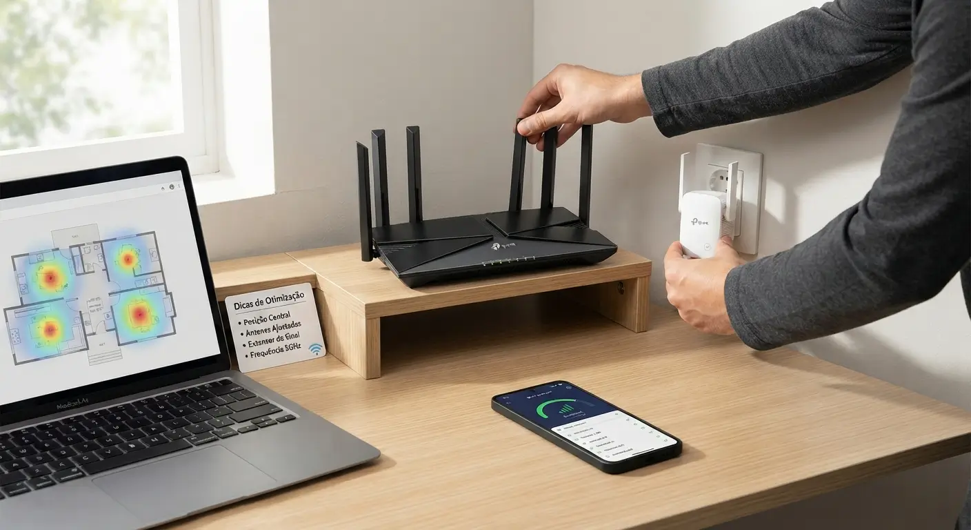 Close-up de uma bancada de trabalho com um notebook exibindo um mapa de calor de sinal Wi-Fi, um roteador com antenas ajustadas, e uma pessoa instalando um repetidor de sinal na tomada da parede. Um smartphone na mesa mostra um aplicativo de medição de velocidade.