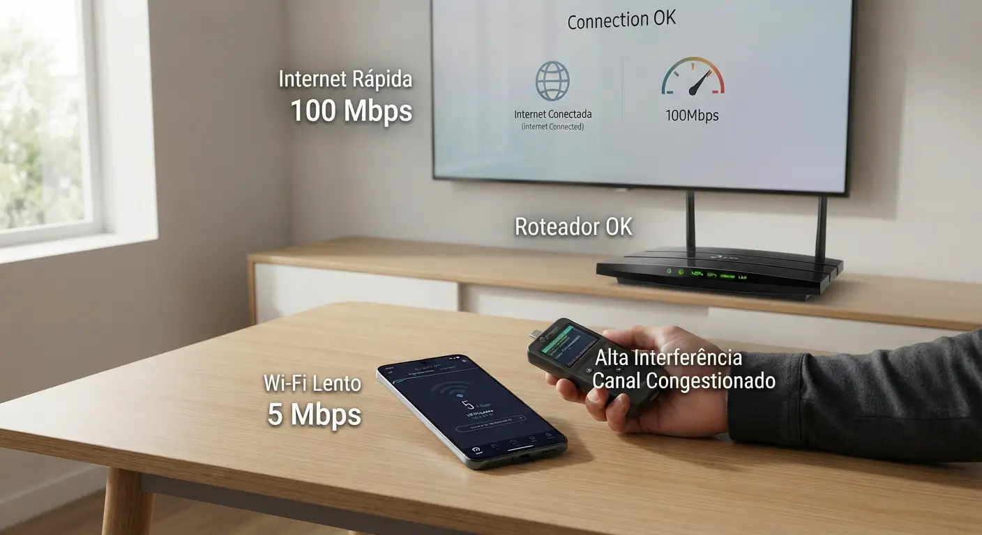 Close-up de uma mesa de madeira com um smartphone exibindo velocidade de Wi-Fi baixa (5 Mbps), um testador de sinal portátil indicando interferência no canal, e ao fundo uma TV mostrando internet rápida (100 Mbps) junto a um roteador Wi-Fi.