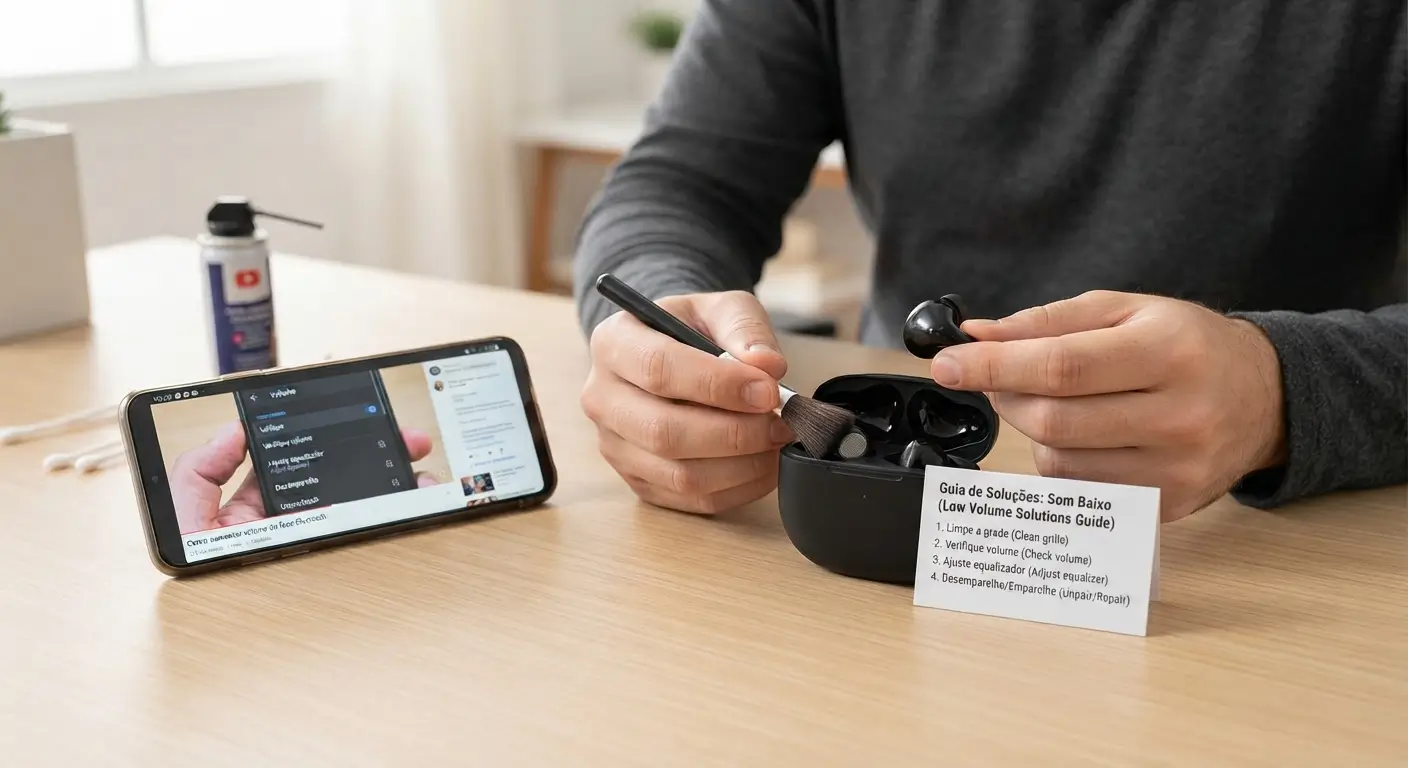 Close-up de uma bancada clara de escritório onde um homem segura um estojo de carregamento de fones de ouvido sem fio intra-auriculares (TWS) pretos. Sobre a mesa, um smartphone exibe um vídeo tutorial sobre como aumentar o volume e limpar os fones. Um pequeno cartão de instrução ("Guia de Soluções: Som Baixo") está ao lado, acompanhado de cotonetes e um pincel pequeno para limpeza das grades. O fundo está levemente desfocado, mostrando um ambiente interno bem iluminado.