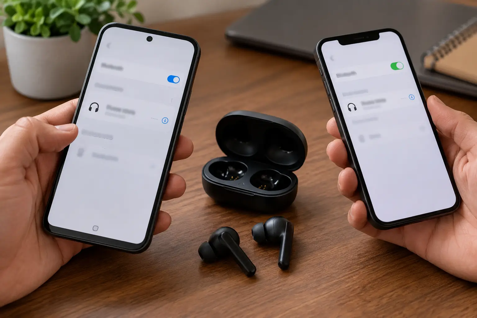 Dois celulares exibindo configurações de Bluetooth ao lado de fones de ouvido sem fio e seu estojo, representando uma situação em que o fone conecta a um aparelho, mas apresenta dificuldade para conectar ao outro.