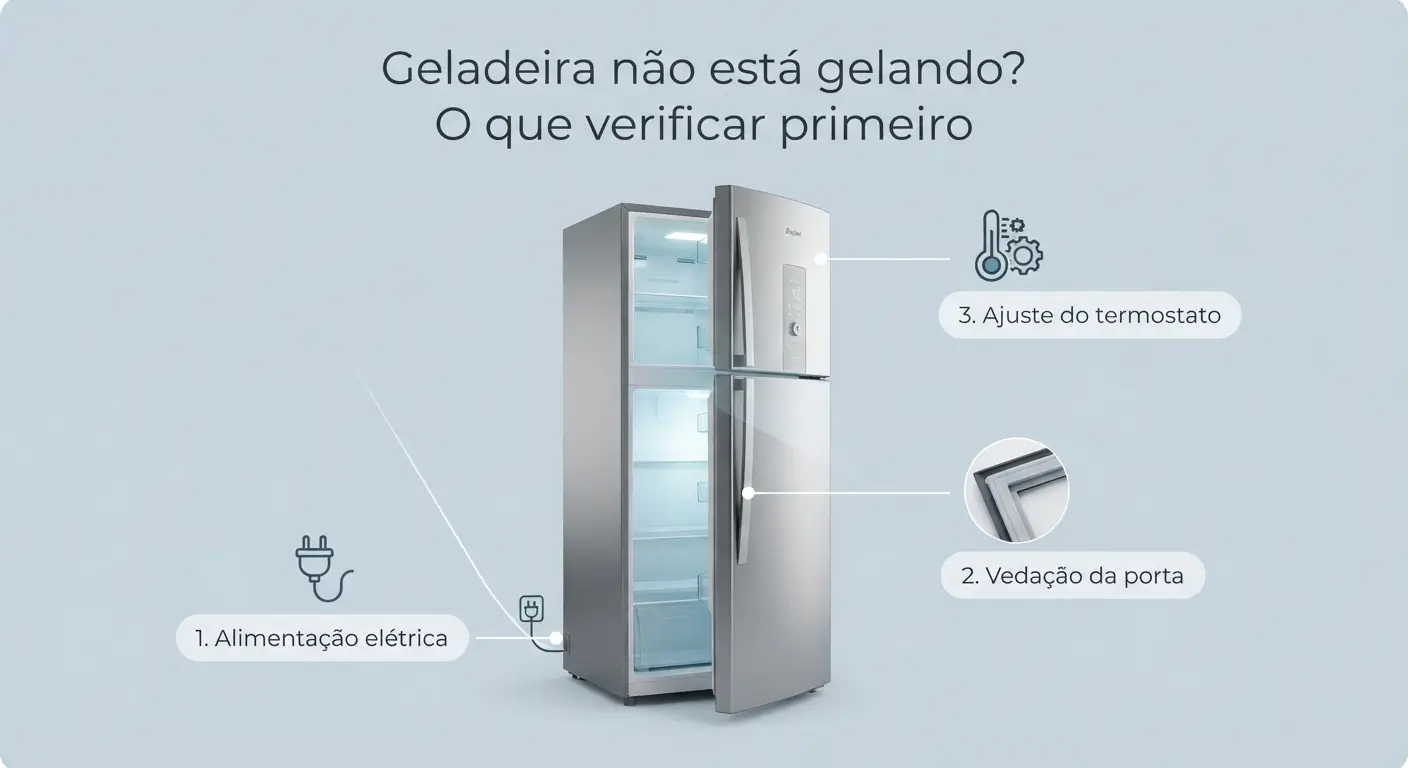 Um infográfico moderno e minimalista com fundo azul-claro, apresentando uma geladeira Duplex de aço inoxidável no centro com as portas abertas, mas sem alimentos. Linhas brancas finas apontam para três áreas-chave, cada uma com um ícone e um título curto em português: 1. 'Alimentação elétrica' com um ícone de tomada na base. 2. 'Vedação da porta' com um close-up da borracha da porta. 3. 'Ajuste do termostato' com um ícone de termômetro e engrenagem dentro da geladeira. O título principal 'Geladeira não está gelando? O que verificar primeiro' está no topo em fonte sans-serif.