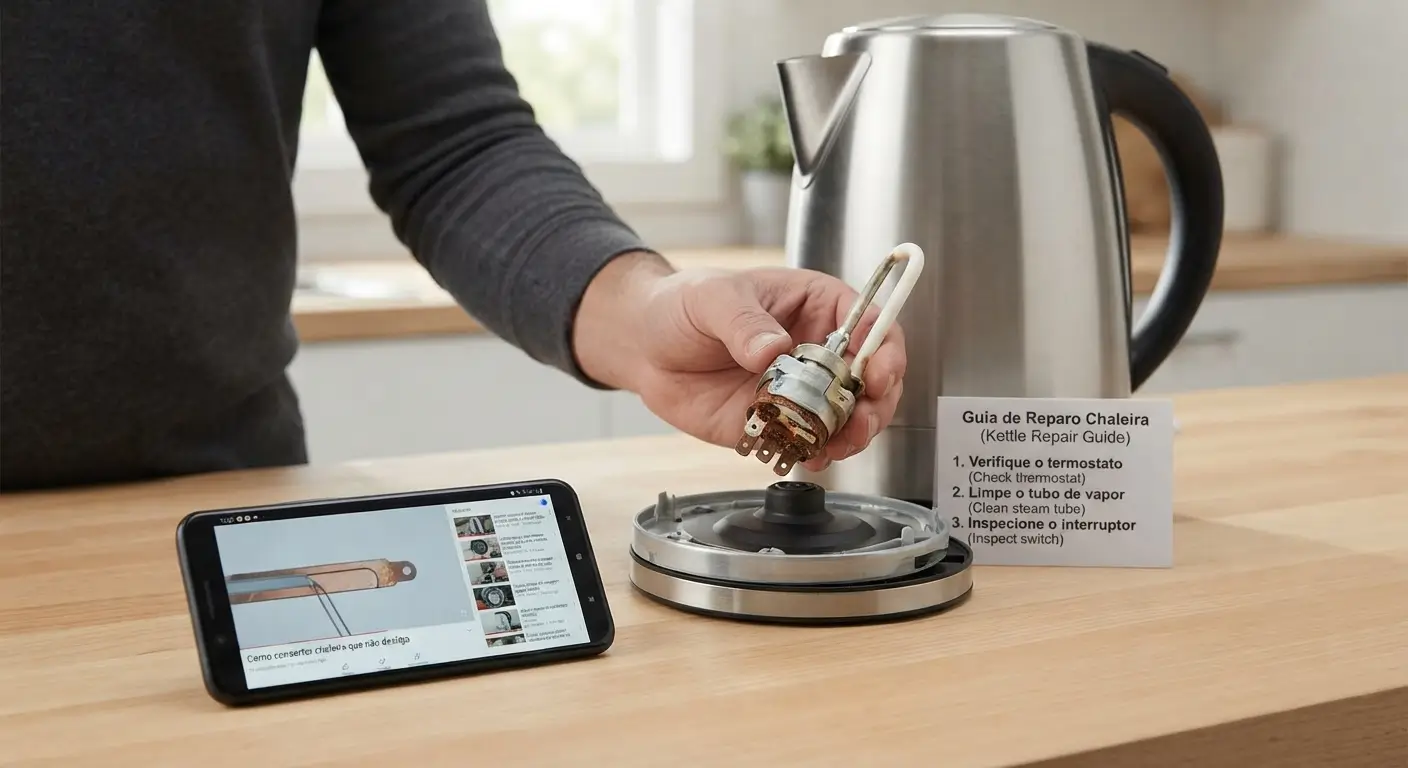 Close-up de uma bancada de cozinha de madeira com uma chaleira elétrica de aço inoxidável ao fundo. Em primeiro plano, uma mão segura o conjunto do termostato e elemento de aquecimento da chaleira, que foi removido. Um smartphone exibe um tutorial em vídeo com o título em português "Como consertar chaleira que não desliga", enquanto um pequeno cartão de instrução lista os passos em português ("1. Verifique o termostato...", "2. Limpe o tubo de vapor..."). O ambiente da cozinha ao fundo está desfocado.