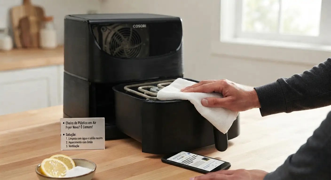Close-up de uma pessoa limpando o interior de uma air fryer preta da marca Cosori com um pano branco sobre um balcão de cozinha de madeira. Em frente ao aparelho, há um cartão com instruções de limpeza em português ("Cheiro de Plástico em Air Fryer Nova? É Comum! Solução...") e um smartphone exibindo um guia sobre o tema. No canto inferior esquerdo, há um pequeno prato com fatias de limão e açúcar.