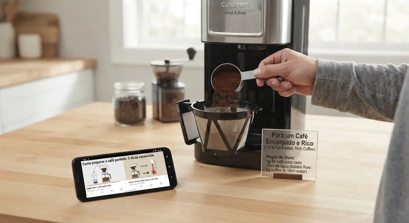 Close-up de uma bancada de cozinha de madeira com uma cafeteira Cuisinart Grind & Brew ao fundo. Uma mão derrama café moído em um filtro de malha metálica. À esquerda, um smartphone exibe um infográfico em português sobre as "5 dicas essenciais" para preparar o café. À direita, um pequeno cartaz de acrílico apresenta a "Regra de Ouro" da proporção. Um moedor manual e um pote de grãos estão desfocados no fundo.