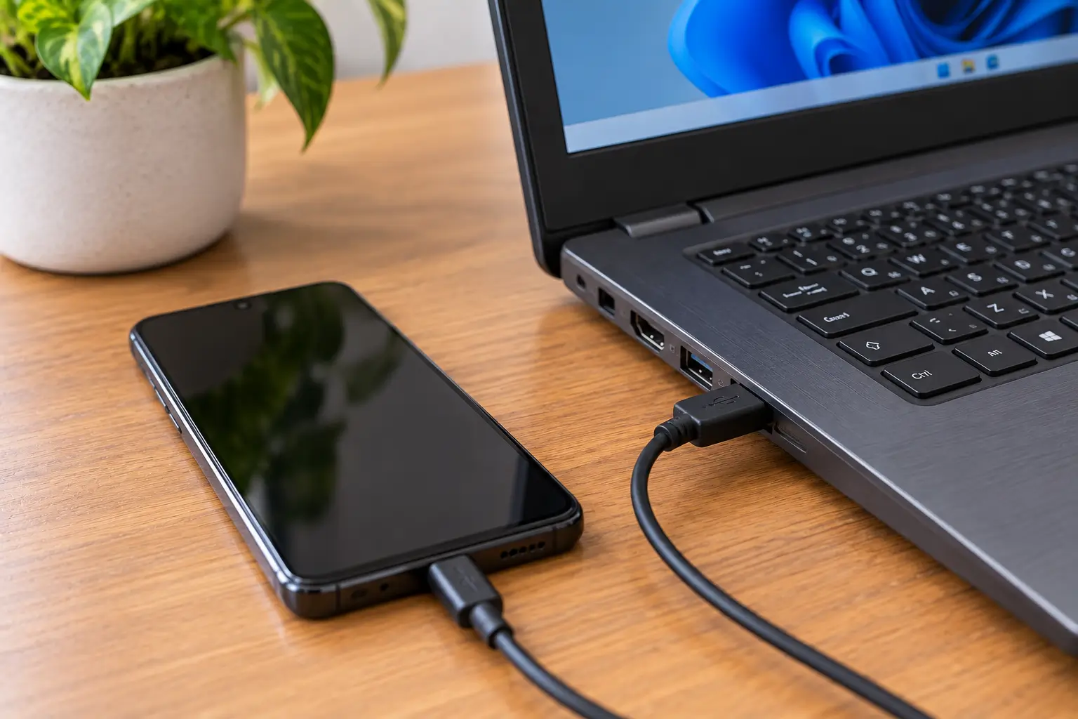 Celular conectado por cabo USB a uma porta de notebook sobre uma mesa, representando um problema de reconhecimento entre os dispositivos.