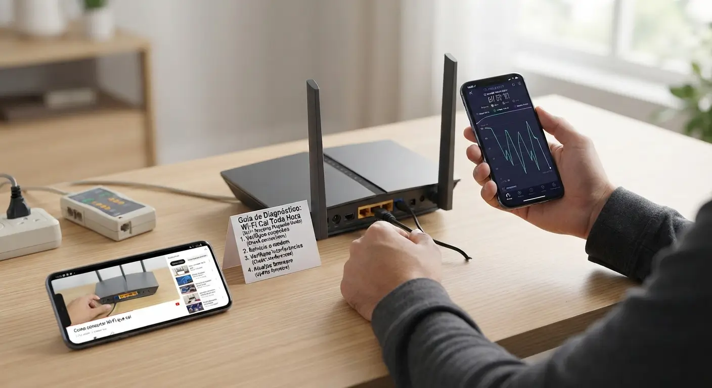 Close-up de uma mesa de trabalho de madeira clara onde um homem realiza um diagnóstico de um roteador Wi-Fi preto. Ele segura um smartphone exibindo um gráfico de sinal em tempo real, enquanto sua outra mão verifica as conexões traseiras do roteador. Sobre a mesa, um segundo smartphone exibe um vídeo tutorial e um pequeno cartão de instrução em português ("Guia de Diagnóstico: Wi-Fi Cai Toda Hora") está em pé. Um testador de cabo de rede e uma régua de energia estão por perto. O fundo está levemente desfocado, mostrando um ambiente doméstico bem iluminado.
