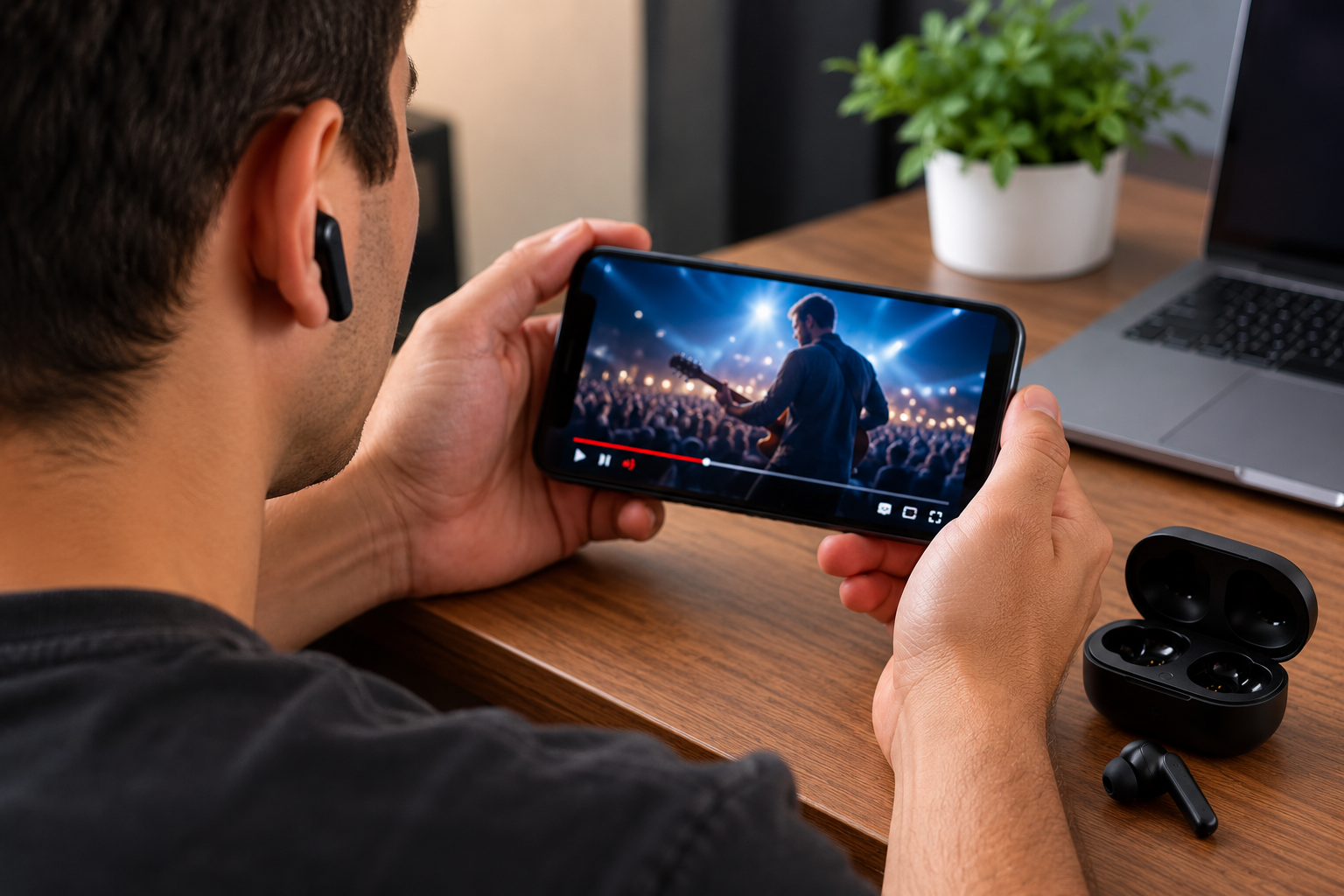 Homem usando fone Bluetooth enquanto assiste a um vídeo musical no celular, com o estojo dos fones aberto sobre a mesa e um notebook ao fundo.