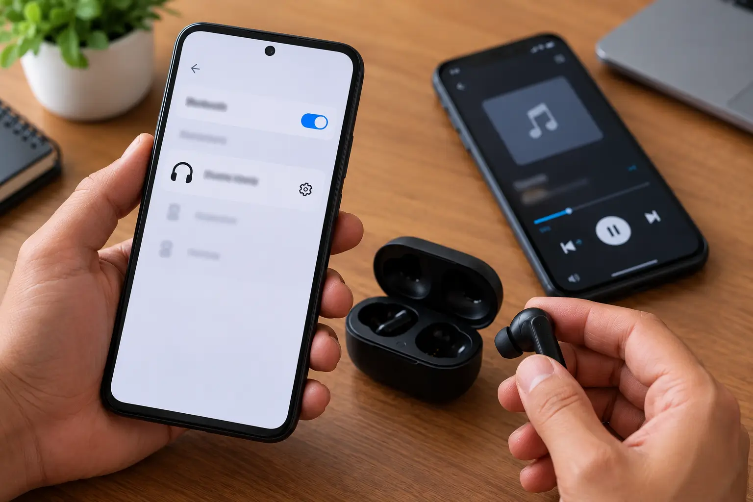 Pessoa segurando um celular com o Bluetooth ativado enquanto segura um fone sem fio ao lado do estojo aberto; outro celular exibe um aplicativo de reprodução de música ao fundo.